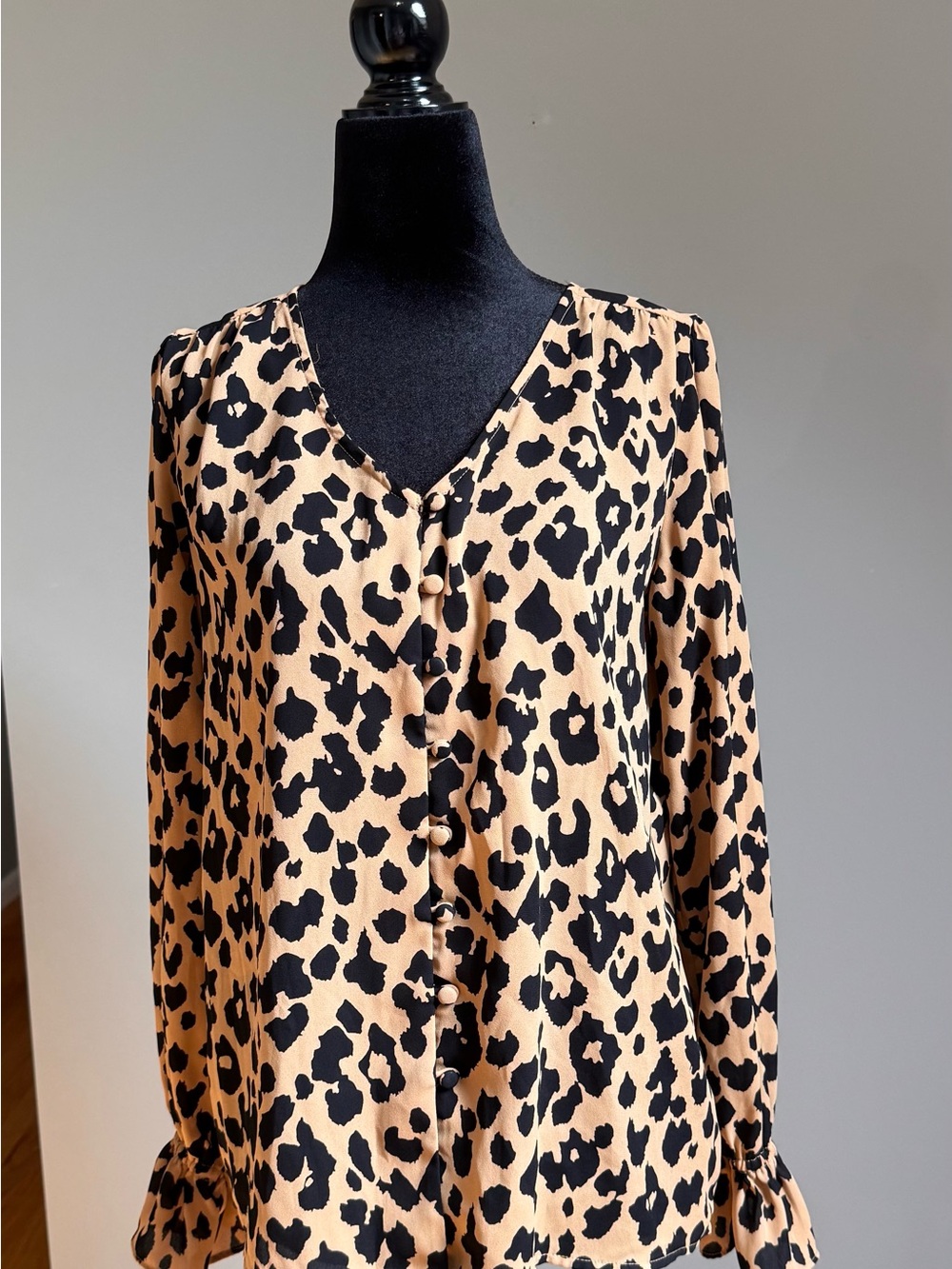 LOFT Tan and Black Leopard Print Button-Down Blouse